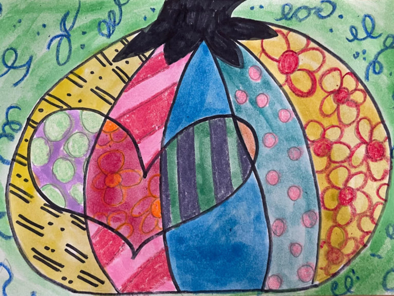 A pumpkin decorated with brightly colored patterns in the style of Romero Britto.