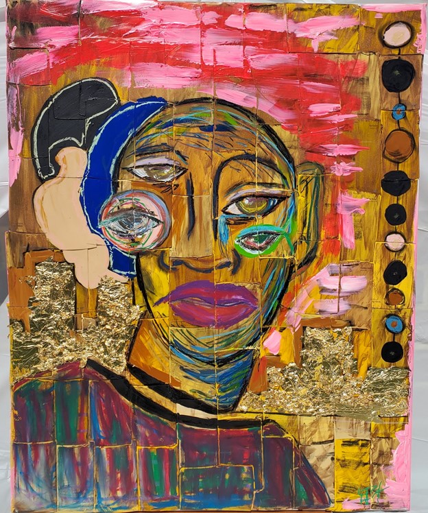 Abstract portrait on canvas with Gold leaf, acrylic, oil pastels